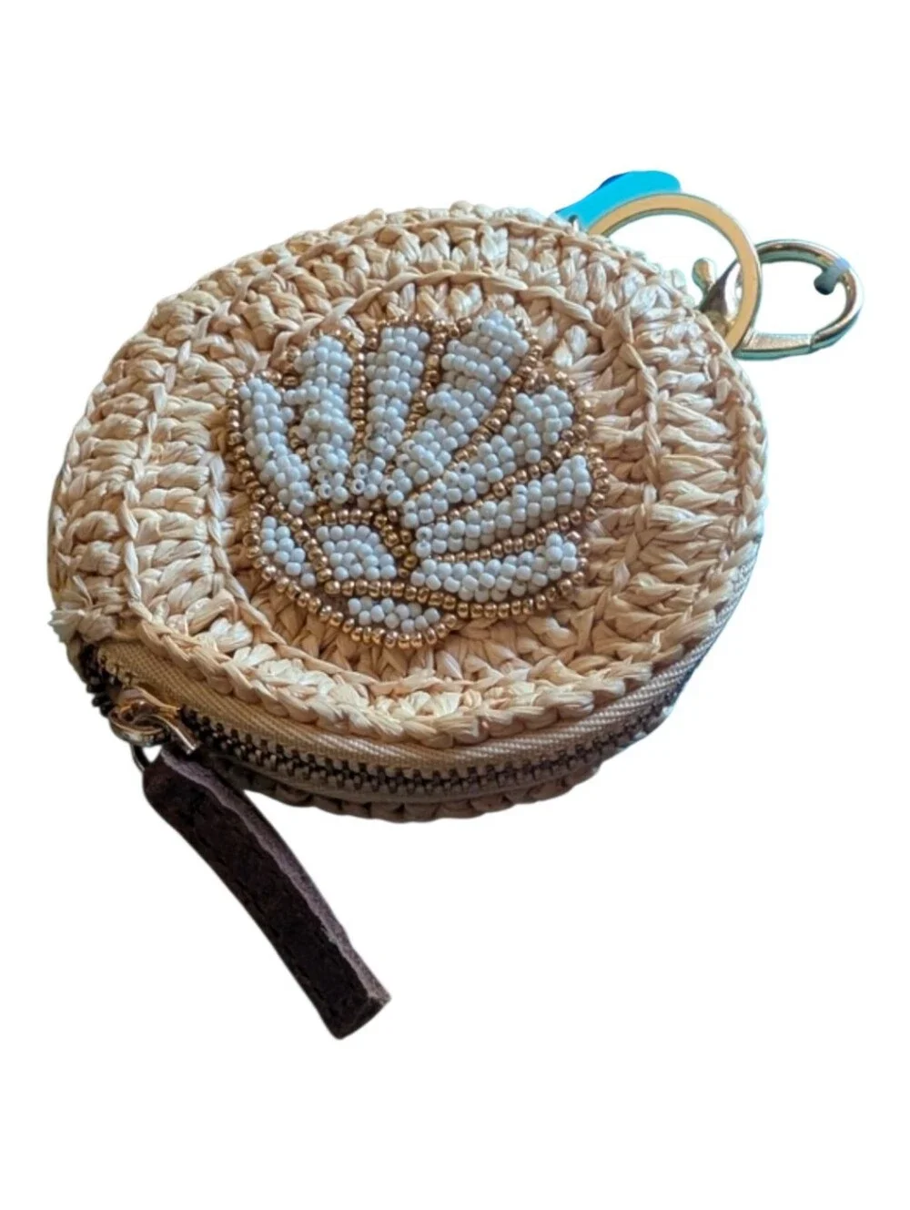 🤎▪️piper k▪️  Made In India SeaShell Print  Straw Coin Purse Keychain - Natural